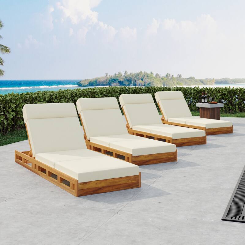 Roomfitters Outdoor Acacia Wood Chaise Lounge with Headrest and 4-Inch Triple-Fold Beige Cushions