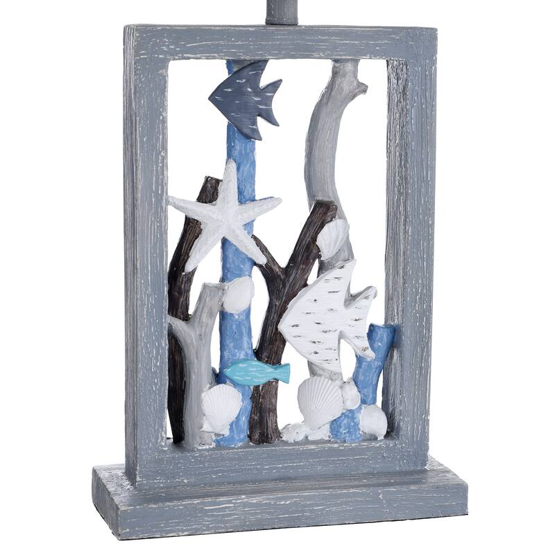 StyleCraft Seaford Blue and Multi-Neutral Framed Seascape Fish, Starfish and Driftwood Table Lamp
