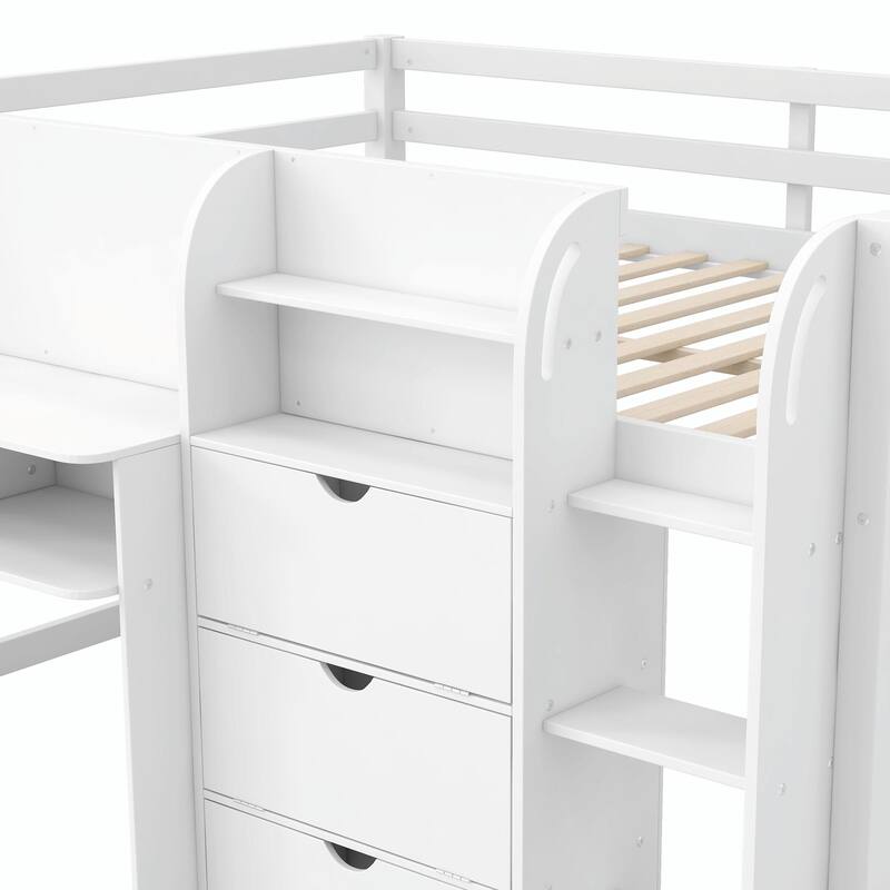 Full Size Low Loft Bed with Built-in Desk, Storage Cabinets, Open Bookcase, and Whiteboard for Graffiti