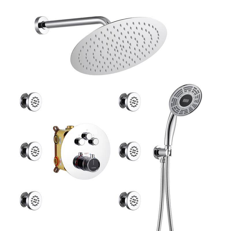 CASAINC Thermostatic Shower Faucet Shower System with 6 Body Jet - Chrome