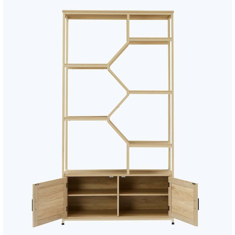 Rattan bookshelf 5 tiers Bookcases Storage Rack with cabinet for Living Room Home Office