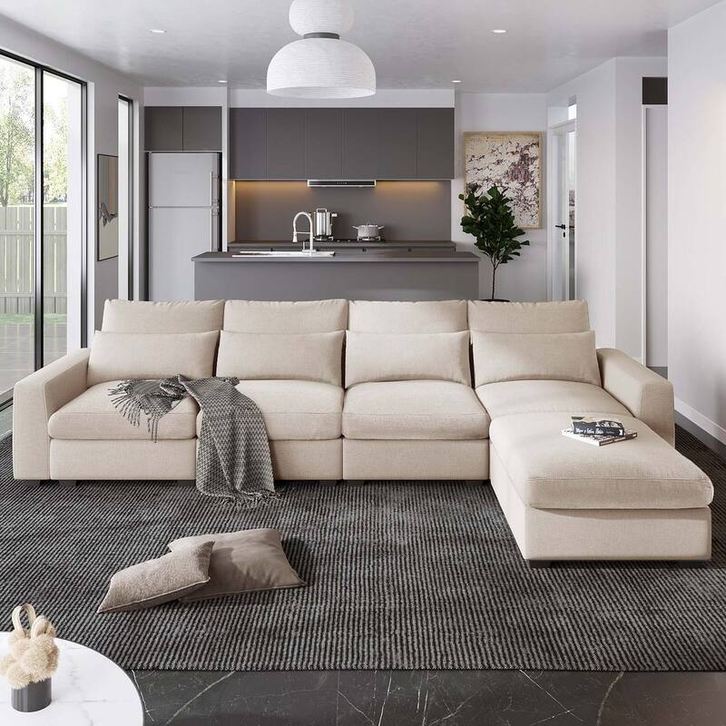 Modern Linen Upholstered Large Modular Sectional Sofa, L-Shape Couvertible Sofa Couch with Reversible Chaise for Living Room - Beige