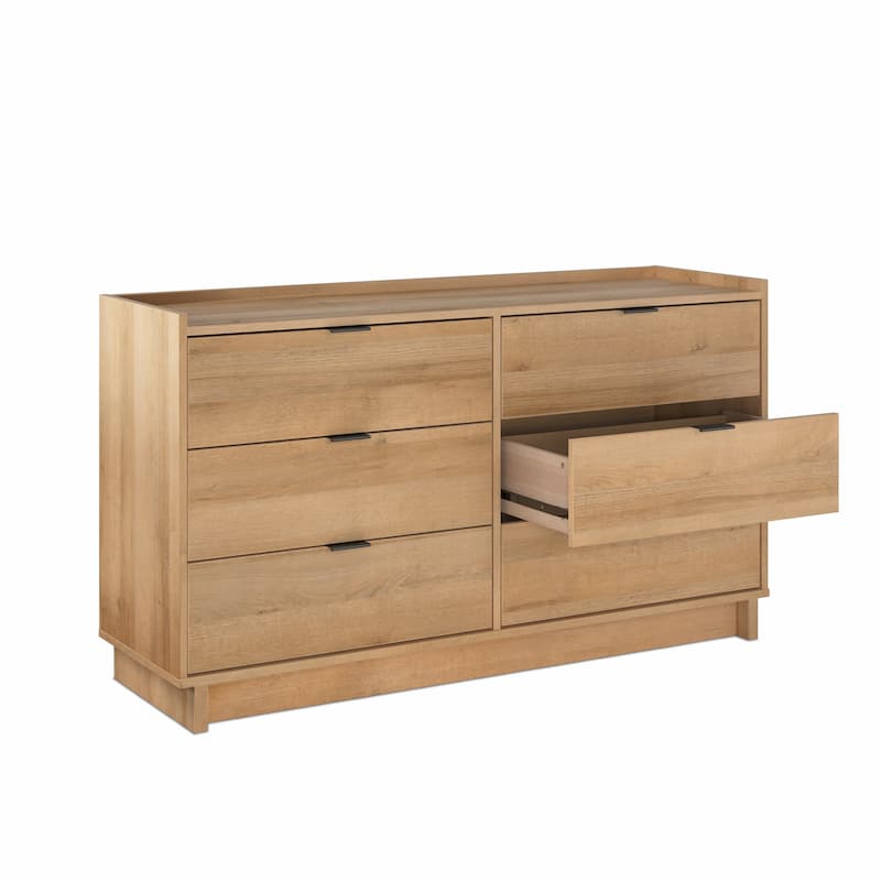 Prepac Simply Modern 6-Drawer 52.5" W Double Dresser for Bedroom, Chest of Drawers, Modern Bedroom Furniture, Oak
