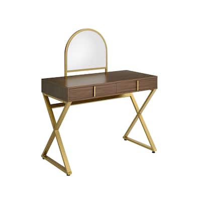 Brown Wood Vanity Desk with Standing Mirror and 2 Drawers and Gold Base - 19” D x 42” W x 50” H