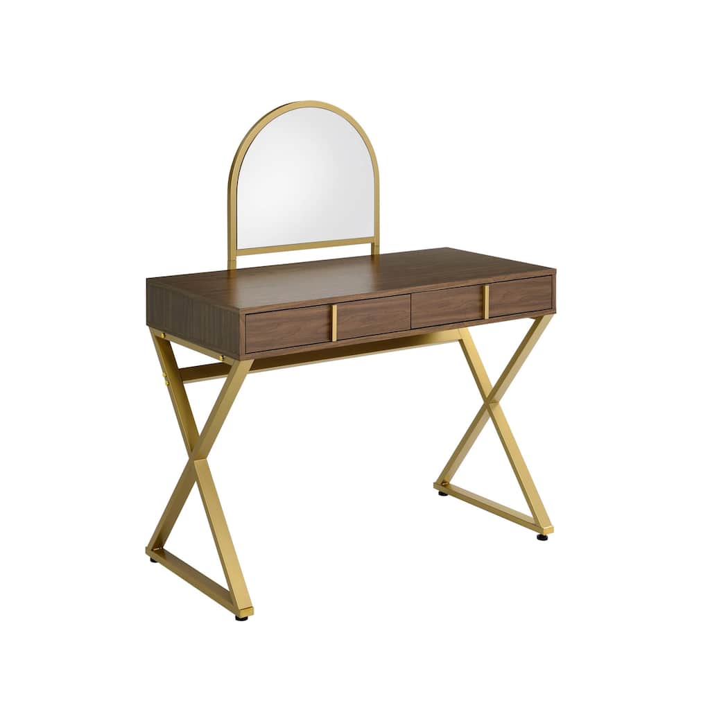 Brown Wood Vanity Desk with Standing Mirror and 2 Drawers and Gold Base - 19” D x 42” W x 50” H