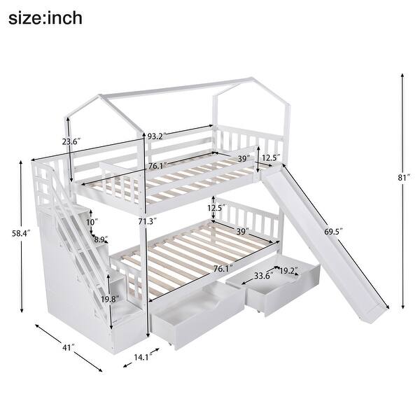 Twin over Twin House Bunk Bed with Storage Staircase, Two Drawers and Slide