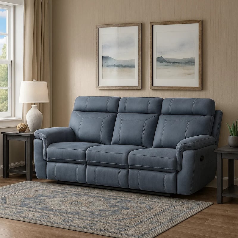 Cliff 85 Inch Manual Reclining Sofa, Blue Microfiber, Solid Wood, Metal