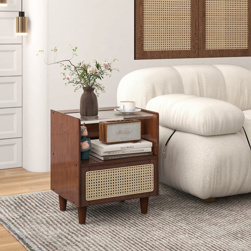 Bamboo Rattan Nightstand with Drawer and Solid Wood Legs