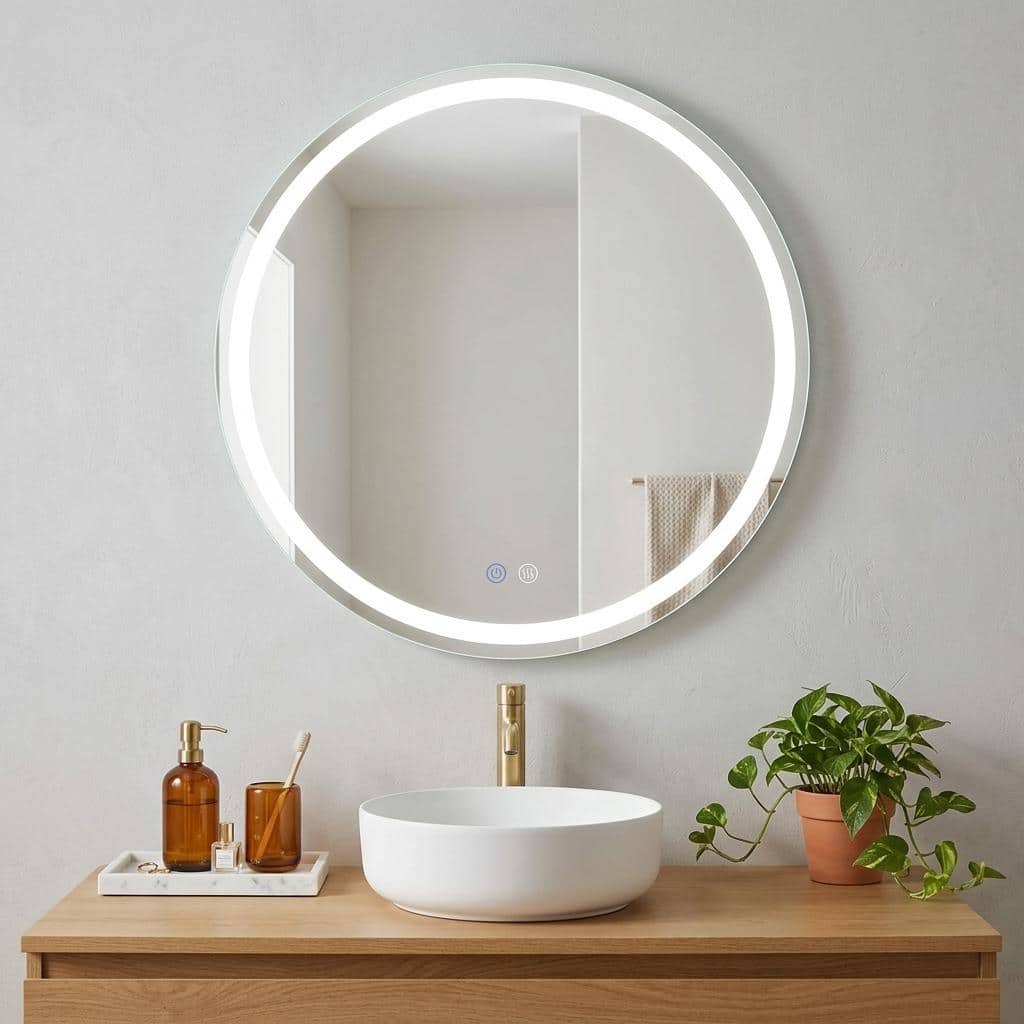 HomeRoots 30" Round Lighted Frameless Anti Fog Bathroom Vanity Mirror - 29.92 in. x 29.92 in. x 1.57 in.