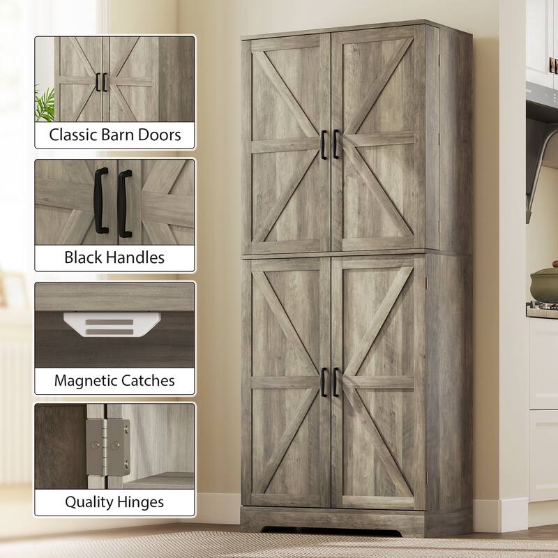 Tall Pantry Cabinet with Barn Doors - Kitchen Storage with Adjustable & Door Shelves