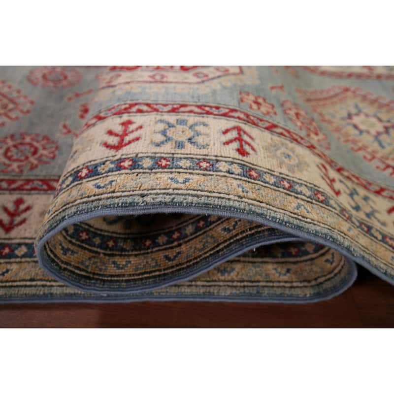 Geometric Kazak Oriental Runner Rug Hand-Knotted Blue Wool Carpet - 2'3" x 13'2"