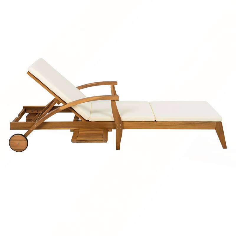 Acacia Wood Wheeled Chaise Lounge Adjustable Backrest Cushion