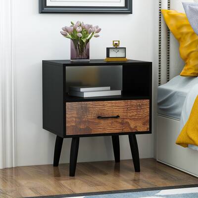 Kerrogee 2-Layer 1-Drawer Distressed Nightstand - Bedside End Table - Black/Wood