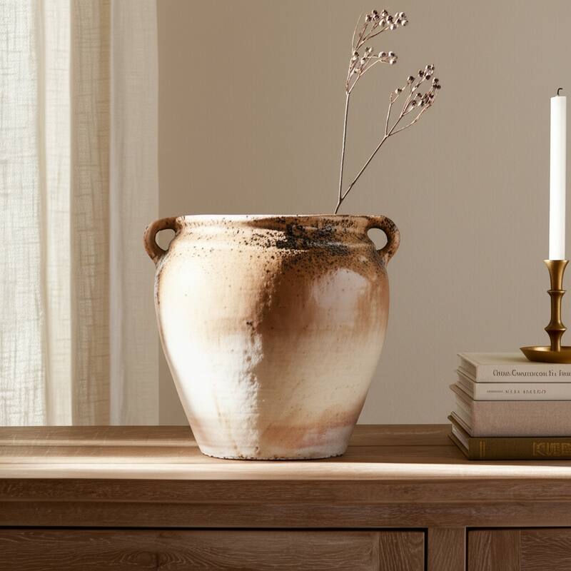 Pottery Terracotta Vase Handmade Handles Rustic Amphora Accent Vessel - 11" x 10" x 9.5"