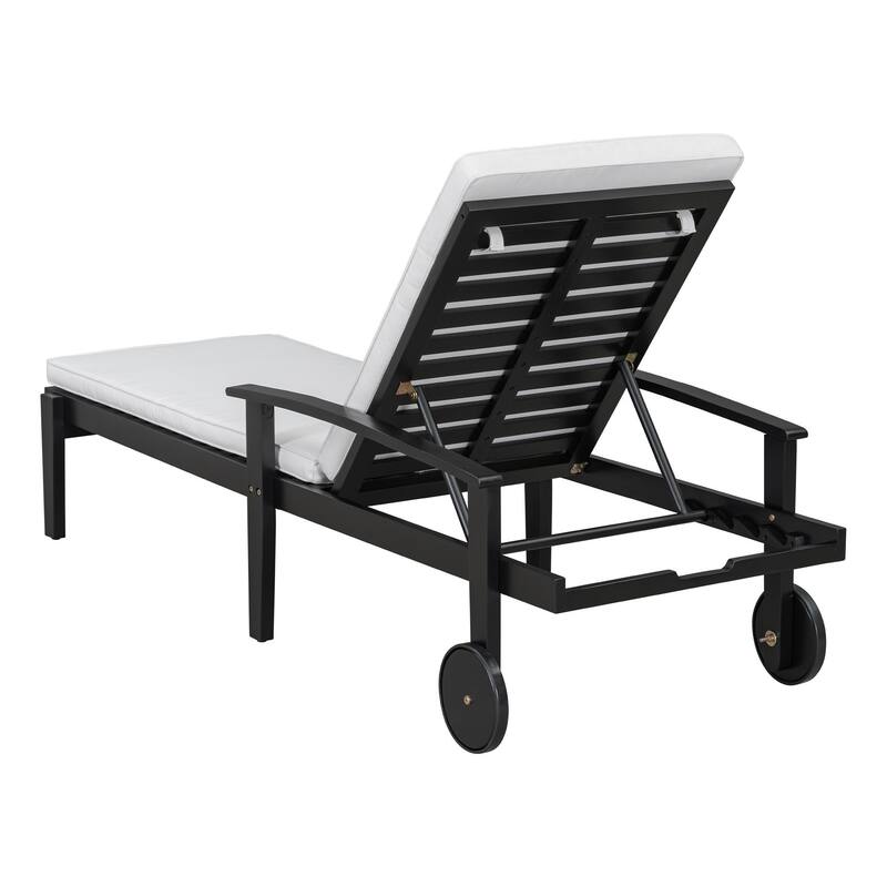 Outdoor solid wood frame chaise lounge with rollers and cushions