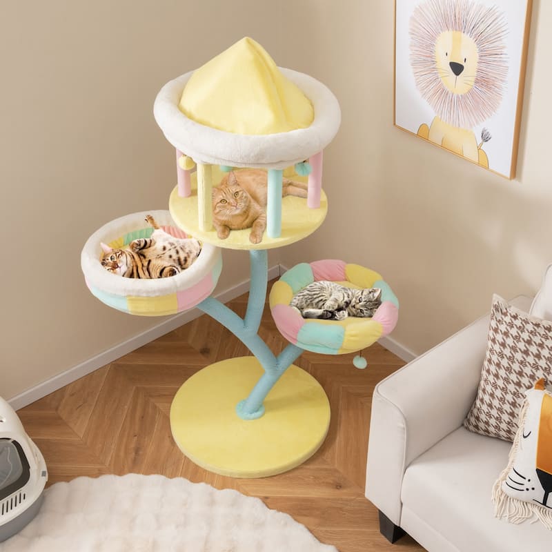 Multi-Layer Cat Tree with 2 Removable Perches Scratching Posts - 19.5" x 19.5" x 9.5"