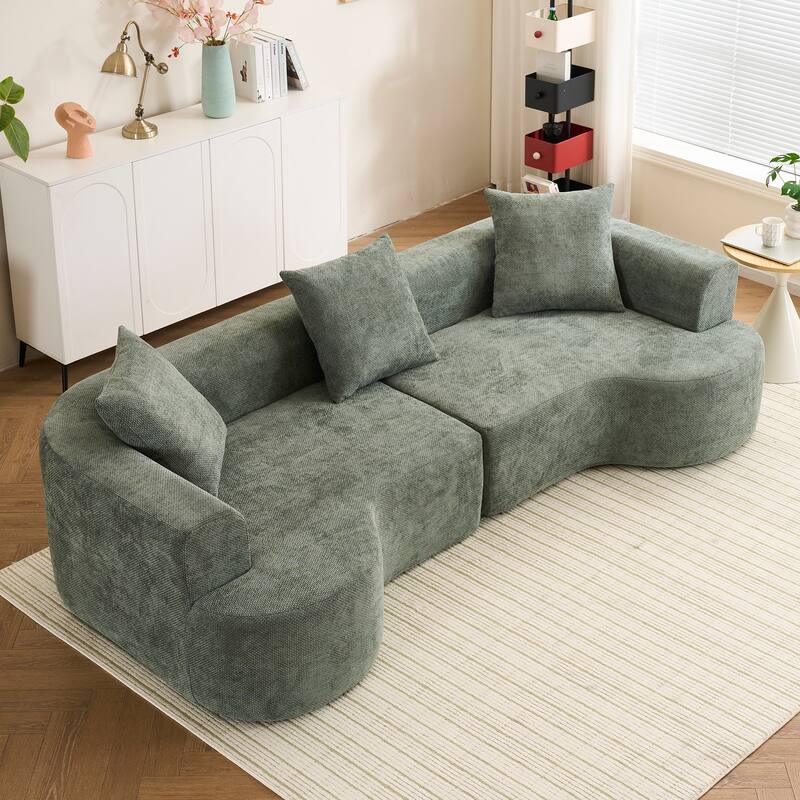 Curved Loveseat Sofa Corduroy Upholstered Couch with 3 Pillows for Living Room, Floor U-shape Settee Cloud Chaise Lounge