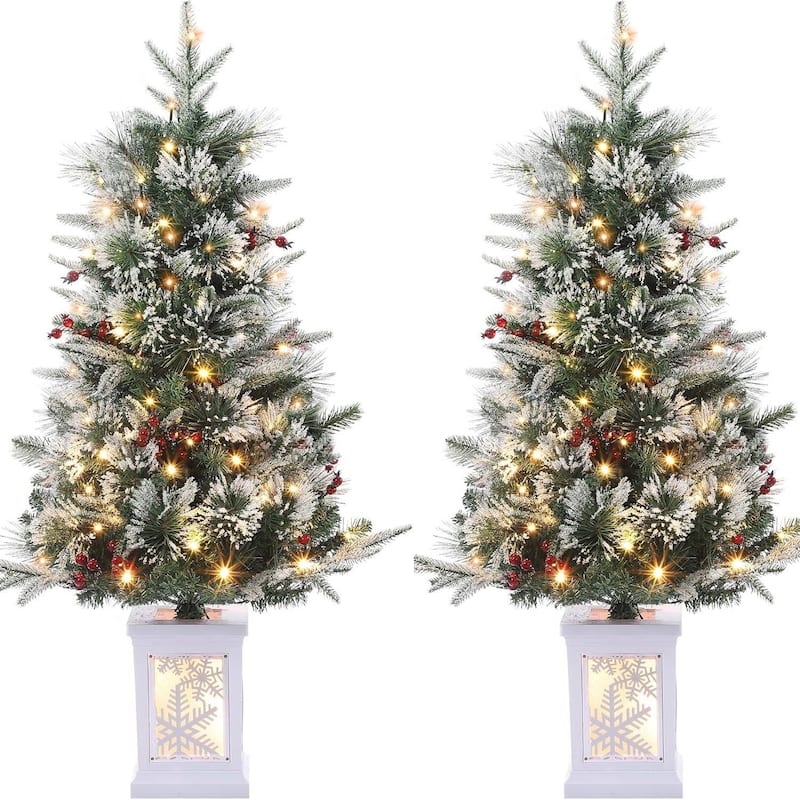 3 Ft Pre-Lit Artificial Christmas Trees with Snowflake lightbox Base - Green 2 pcs