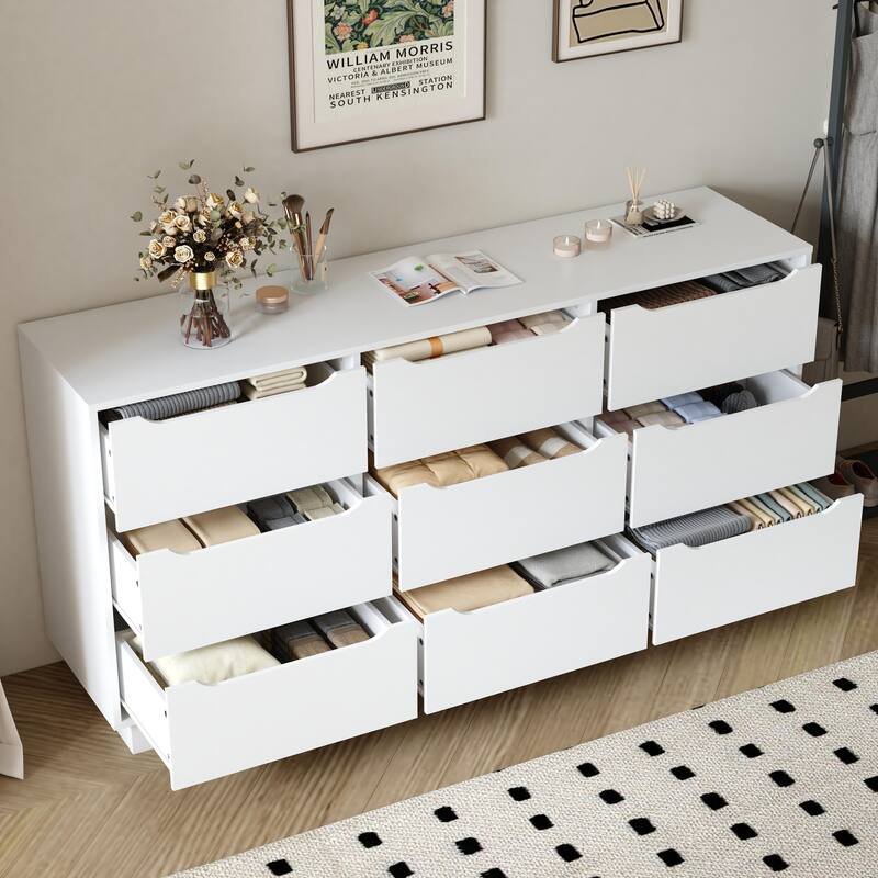 9 Drawer Dresser for Bedroom with Deep Drawers, Large Floor Wood Dressers & Chest of Drawers, Modern White Long Dressers