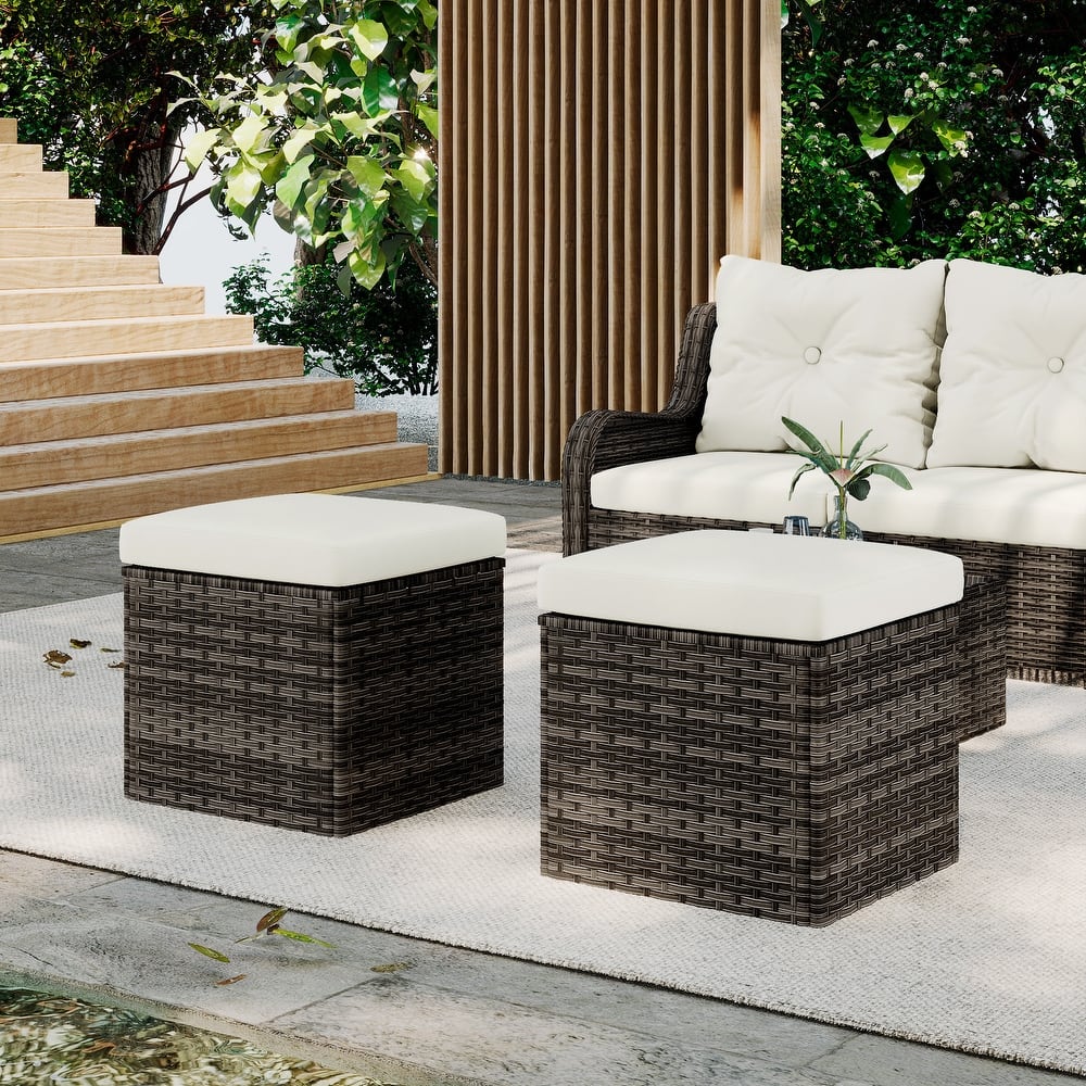 Outdoor Patio PE Wicker Ottoman with Cushion Set of 2