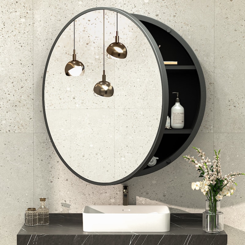 TokeShimi Metal Framed Round Medicine Cabinet with Mirror for Vanity - 28''x28'' - Black