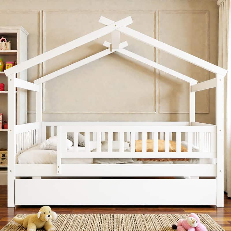 Twin/Full Wooden House Bed with Twin Trundle, Kids Platform Bed Frame with Roof Design, Solid Pine Wood