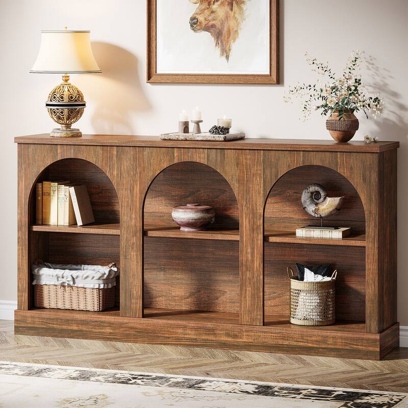 63-Inch Farmhouse Console Table with 3 Tier Storage - Light Walnut