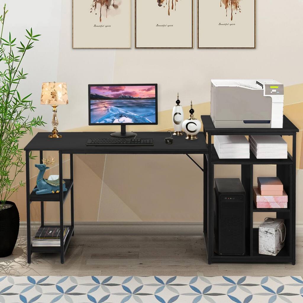Computer Desk With Printer Stand, Shelf, Large Desk With Bookshelf 47in Desktop