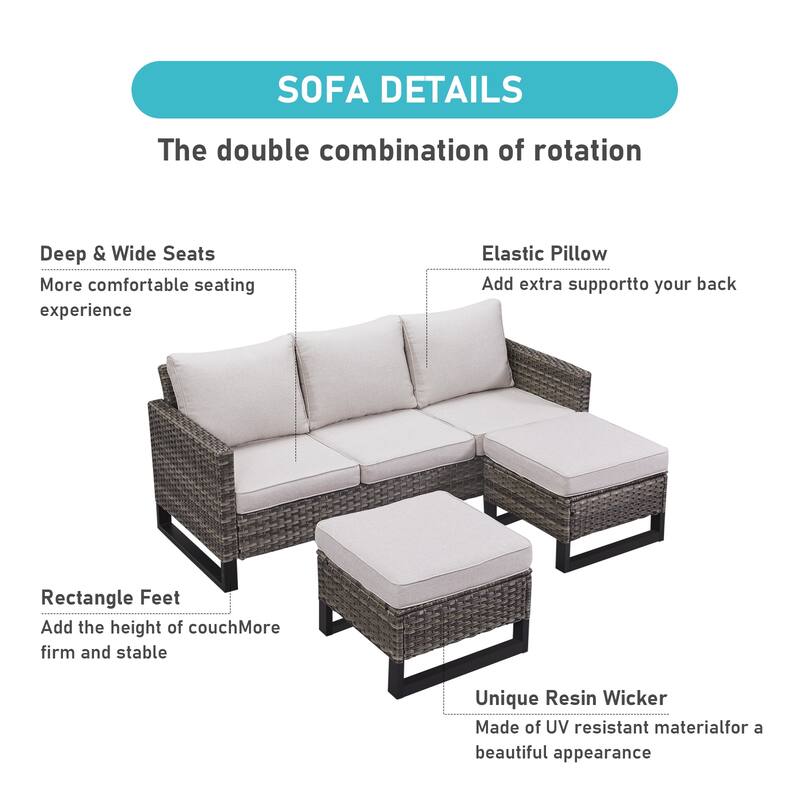 6PCS PE Wicker 3-Seat Sofa Chait with Propane Fire Pit Table