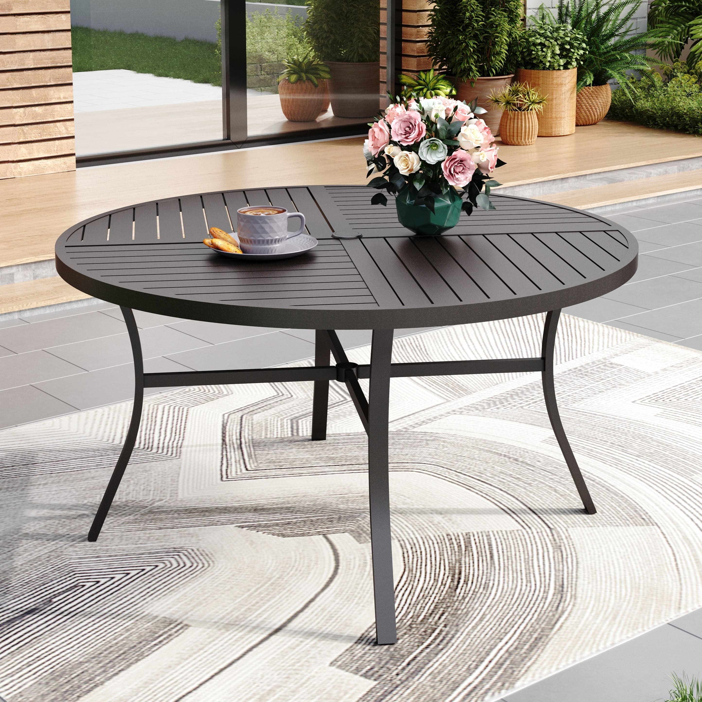 60 inch outdoor patio dining table umbrella Tropitone La Stratta 66 x 40  Jacobs Custom Living Do not put the table in the sun for a long time to prevent burns Woodard Deluxe 60-Inch Round Obscure