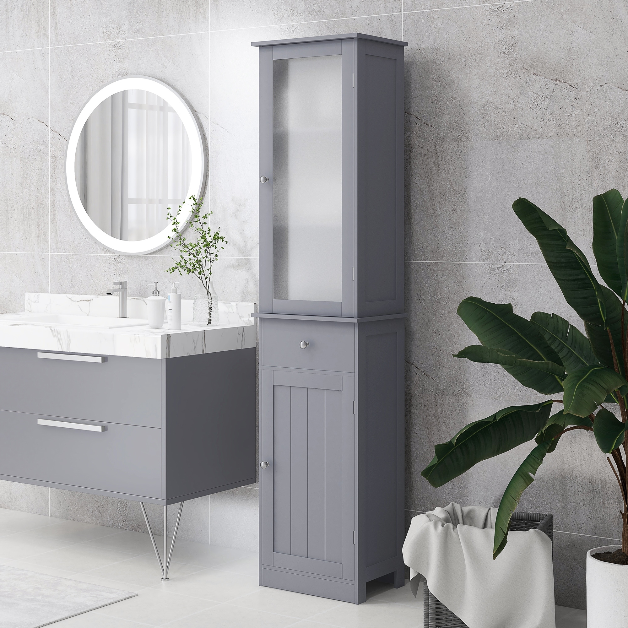 Slim Bathroom Storage Cabinet Tall Bathroom Cabinet Narrow Linen Tower Gray Kitchen Pantry with Acrylic Door and Drawer Bed Bath Beyond 42143410