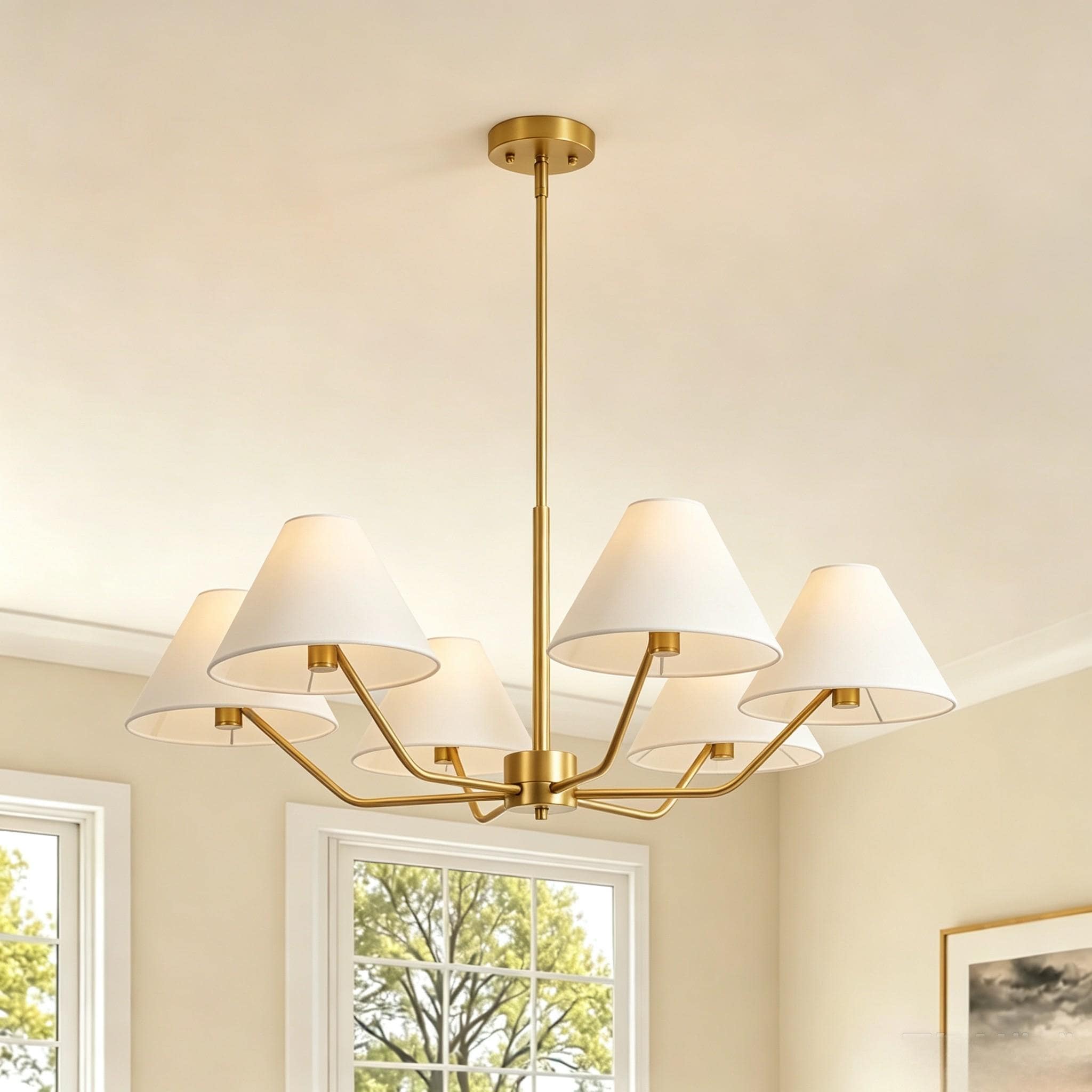 Rennnsan 6-Light Mid-Century White Fabric Shades Chandelier for Living Room - 6 Light