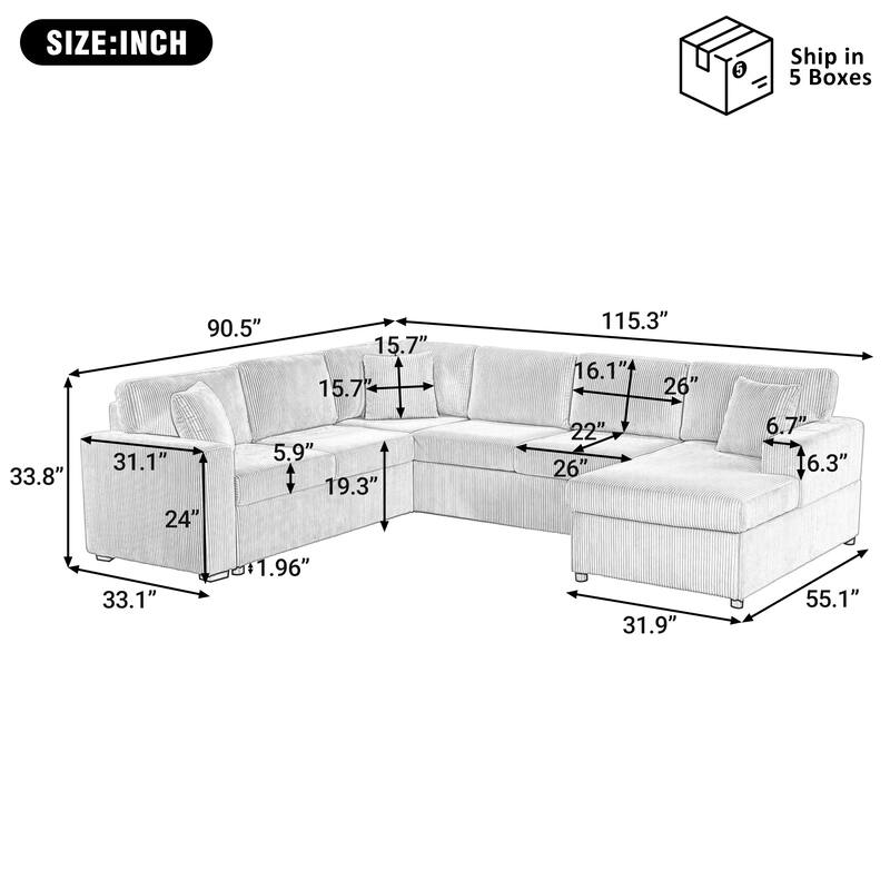 U-Shaped Oversized Corduroy Sectional Sofa with Chaise Lounge and Removable Cushions by Harper&Bright Designs