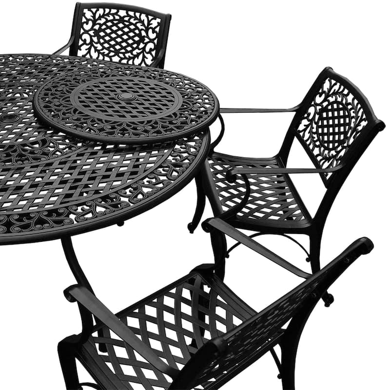 Mesh Lattice 59 in. Round Dining Set with Lazy Susan and Six Chairs - N/A