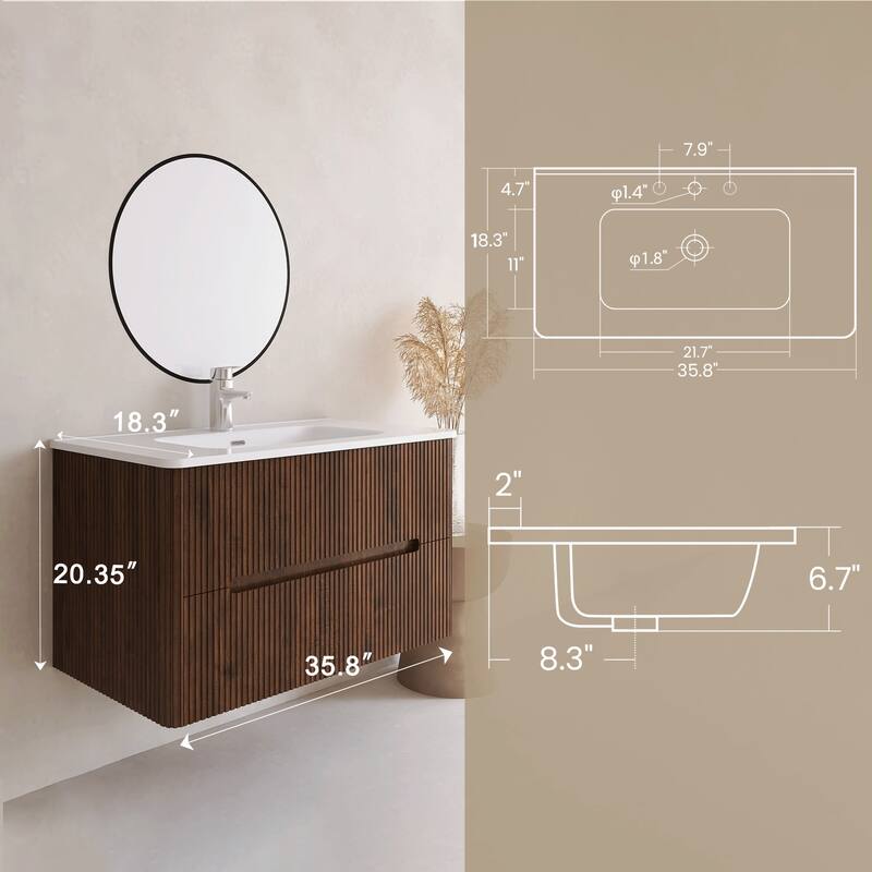 Emma 36 inch Wall-Mounted Bathroom Vanity Set with Integrated Ceramic Sink - 36"x18"x20"