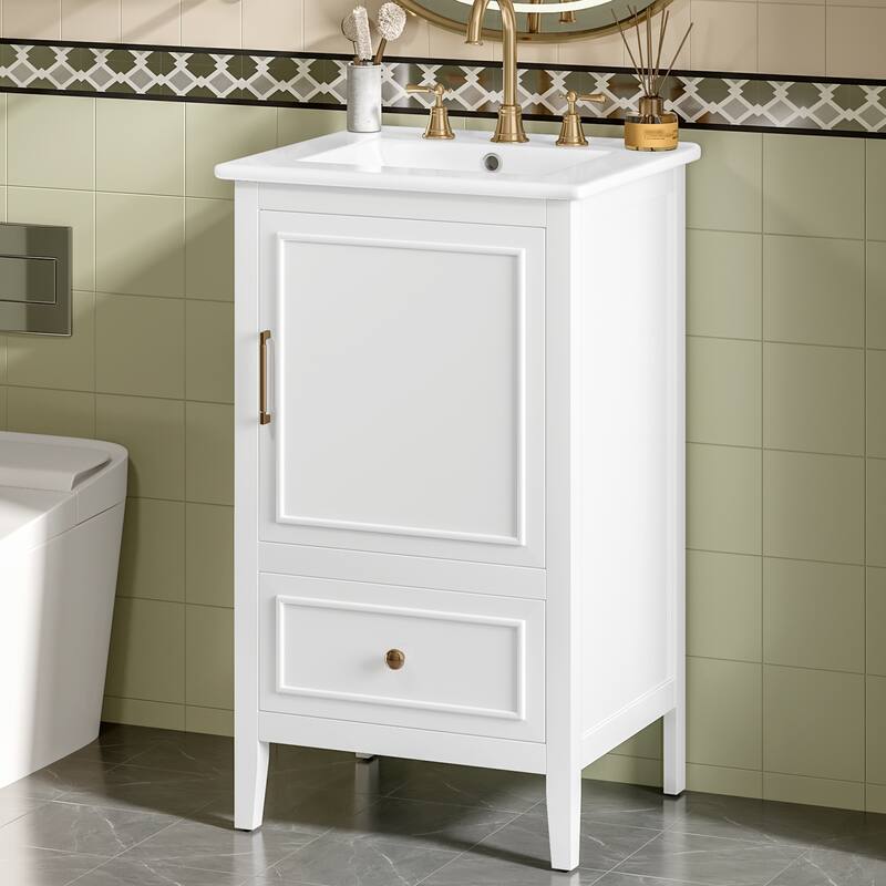 Roomfitters 20" Bathroom Vanity with Sink Cabinet with Drawer Door Shelf Adjustable Foot Pads Compact Organizer - White