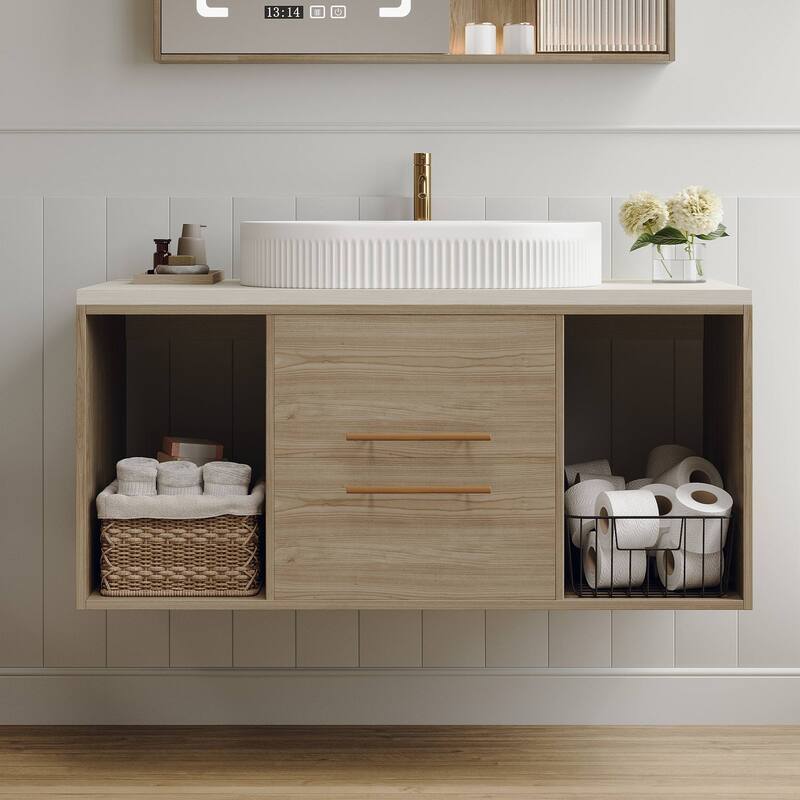 38.2 " Wall-Mounted Bathroom Vanity with Oval Ceramic Sink Multi-Layer - White,Wood