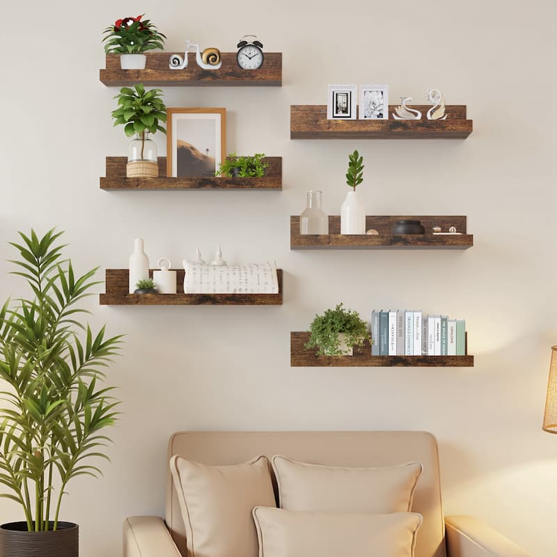 Homy Casa U-Shaped Wall-Mounted Floating Shelf Set of 6, Black & BR - Brown