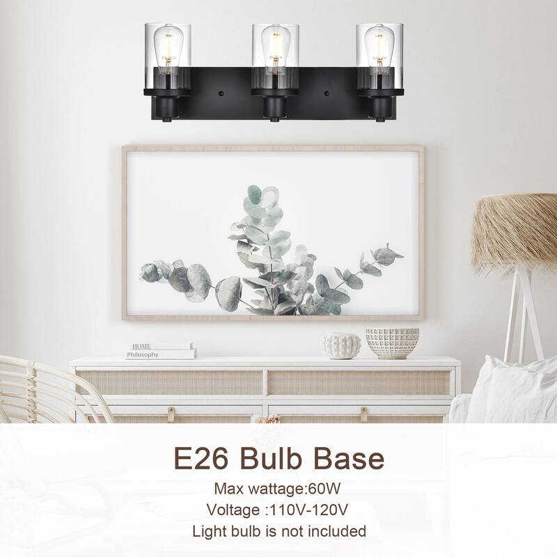 Rustic Wall Light Fixture in Matte Black Finish, 3 Light Bathroom Vanity Lighting with Clear Glass Shade, Wall Lamp Sconces
