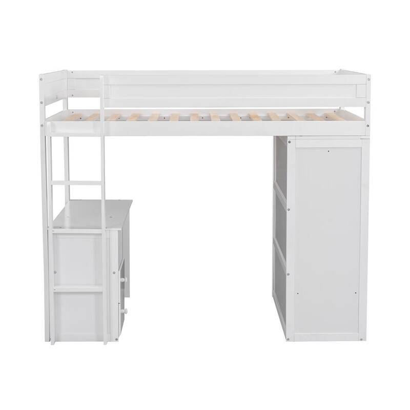 Merax Wood Loft Bed with Wardrobes and 2-Drawer Desk with Cabinet