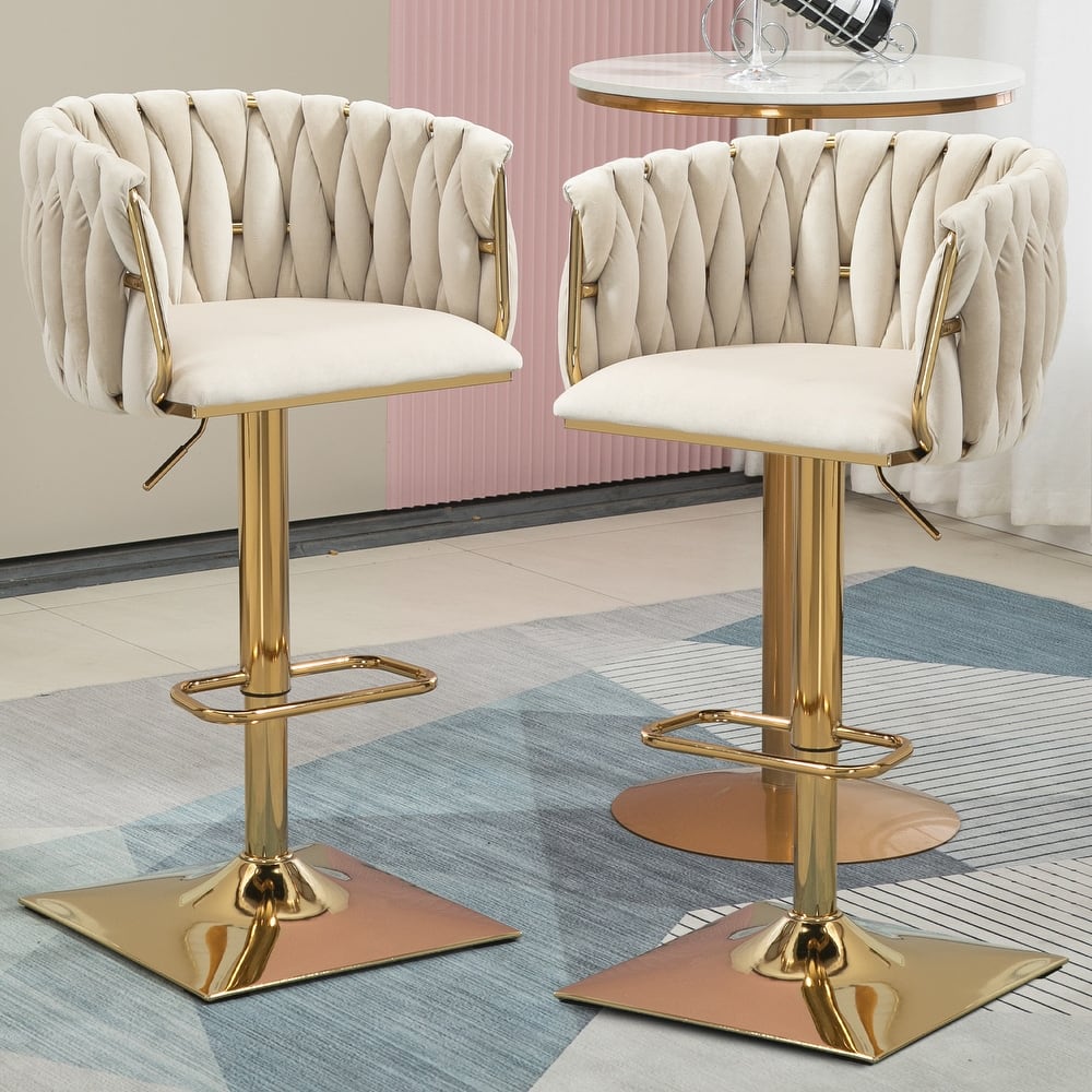 Velvet Upholstered Swivel Adjustable Height Bar Stools With Metal Footrest（set of 2）