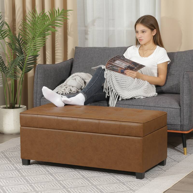 Adeco 40" Faux Leather Storage Ottoman Bench with Tufted Button - 40"X18.8"X16.5"