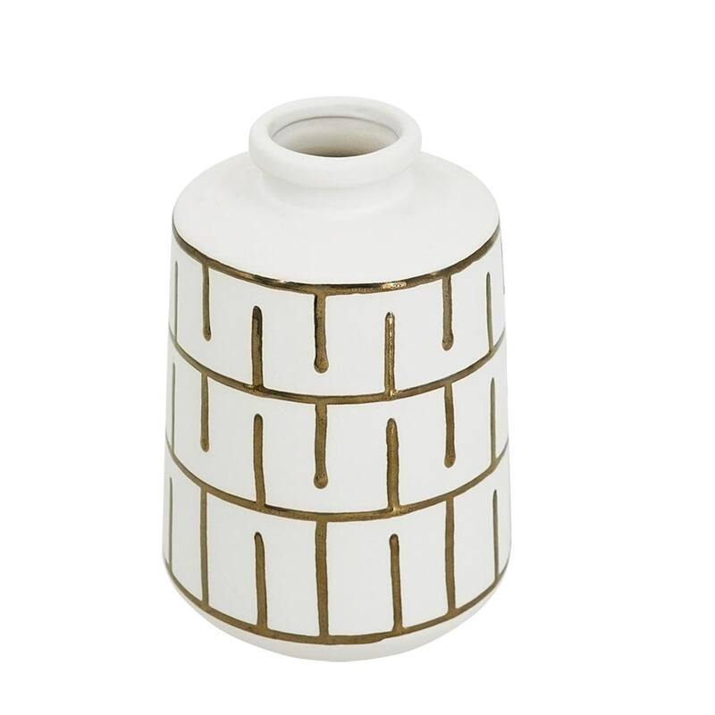 9" Ivory And Gold Geometric Round Ceramic Table Vase - 5.70