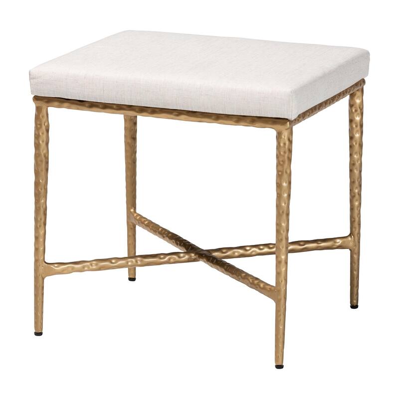 Fumiye Ottoman - Modern Rustic Accent Stool with Hand-Forged Metal Frame and Upholstered Seat for Living Room or Sitting Room - Ivory/Gold - Rectangle 18"