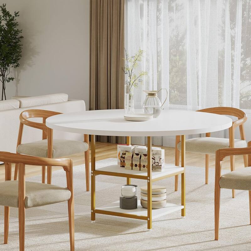 47-Inch Round Wood Dining Table for 4 With Storage Shelf Large Kitchen Table for Home Dining/Living Room