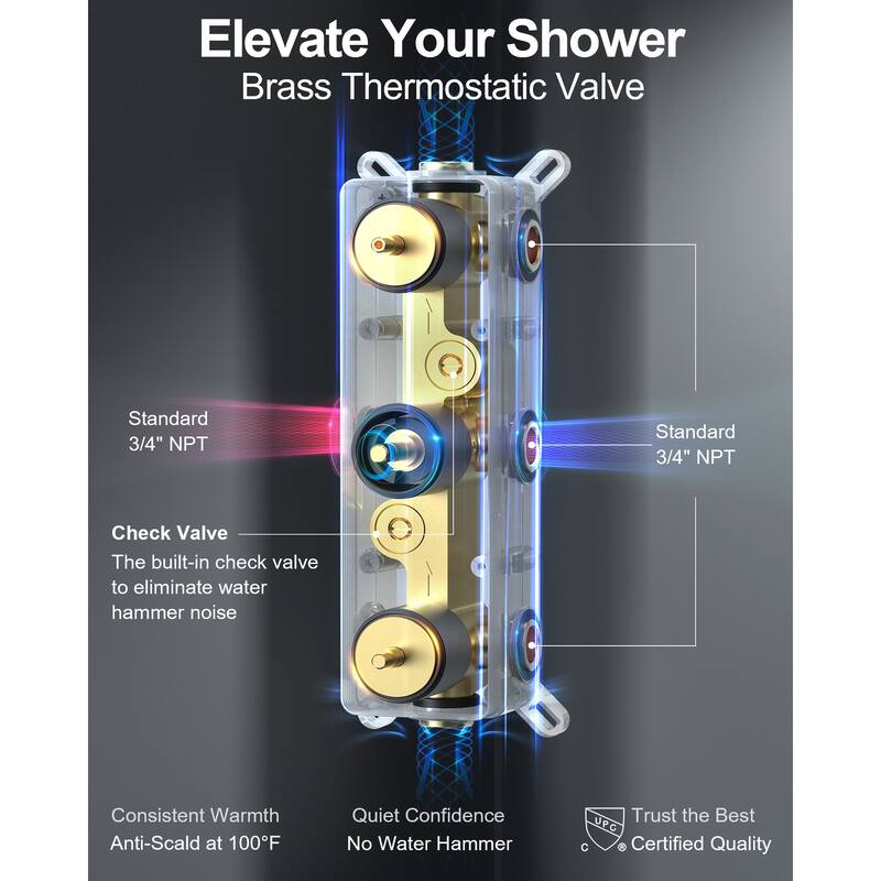 GRANDJOY 12" Ceiling-Mount Shower System Rainfall Shower Head with Anti-Scald Valve