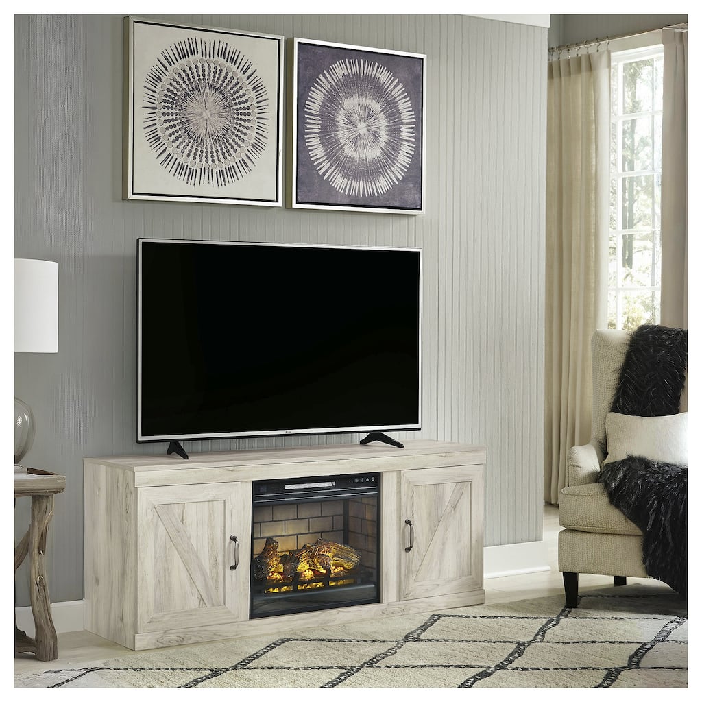 Signature Design by Ashley Bellaby Whitewash 60" TV Stand for TVs up to 69" with Electric Fireplace - 60"W x 15.5"D x 24.5"H