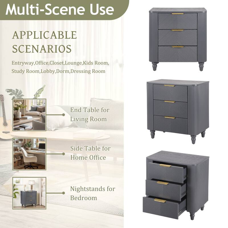 Mid-Century Fluted 3-Drawer Nightstand - Curved Profile + Gold Glossy Handles, Easy Assembly (Dark Gray)