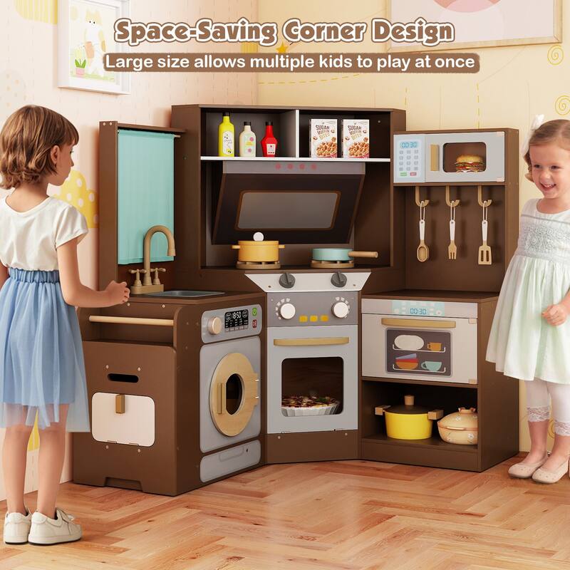 Gymax Corner Kitchen w/ Lights & Sounds Interactive Wooden Playset for