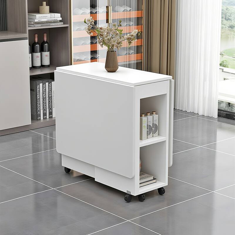 4-Person Drop-Leaf Dining Set‌ – Foldable Table + 4 Chairs, 47.2" x 23.6" x 30.3", White with Storage & 6 Wheels